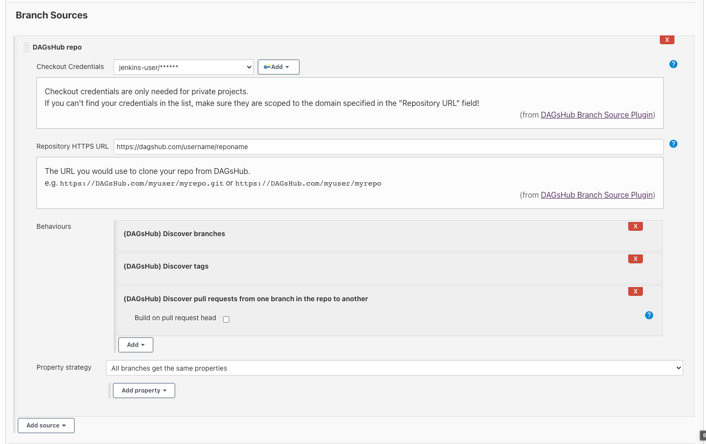 DagsHub branch source settings
