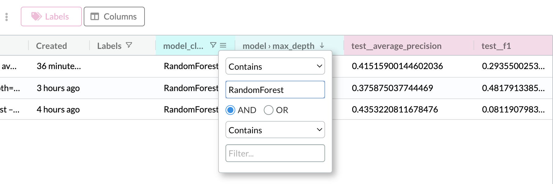 Filter experiments by model class